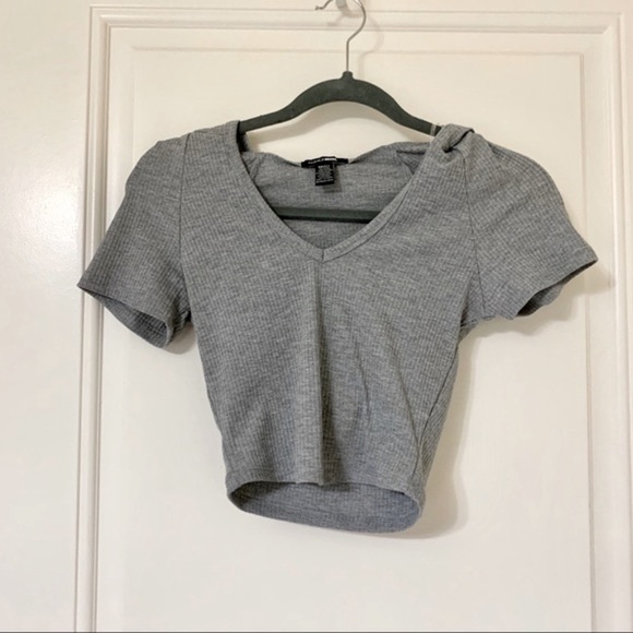 Heather Grey Ribbed Hooded V-Neck Crop Top - Picture 3 of 4